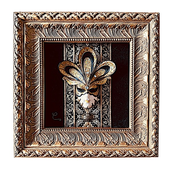 Framed Venetian Style Jester Mask Art Decor 7.5”x 7.5” Ornate - Picture 1 of 8